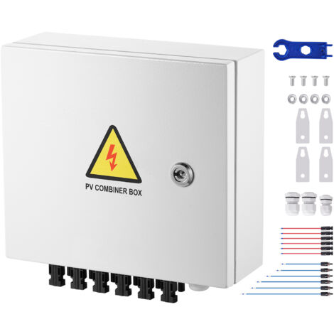 Mophorn Boîtier de combinaison PV , boîtier de combinaison solaire à 6 chaînes, fusible 10 A, disjoncteur 63 A, parafoudre, connecteur solaire, boîtier en acier, IP65 (1/5)