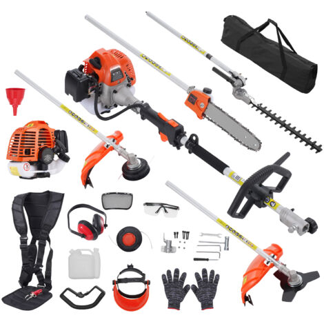 Mophorn – Outil de jardin multifonction 5 en 1 – Moteur 2 temps 26 cc – Tête de taille-haie, coupe-herbe, tronçonneuse, scie à perche – Durée de fonctionnement 40 min