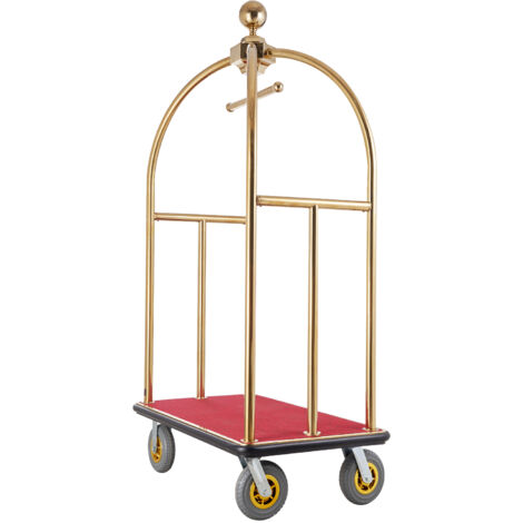 Mophorn Chariot à bagages hôtelier, capacité 680 kg, structure en acier inoxydable brossé, montants courbés, tapis rouge, roues en caoutchouc de 20,32 cm, idéal pour hôtels, résidences (1/5)