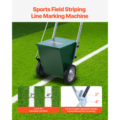 VEVOR Marqueur de ligne seche, 4 roues, craie de ligne seche de terrain de baseball et de softball, 50 ou 100 mm, machine marquage reglable, avec poignee reglage en caoutchouc, capacite 29,5 kg, vert VEVOR Marqueur de ligne seche, 4 roues, craie de ligne seche de terrain de baseball et de softball, 50 ou 100 mm, machine marquage reglable, avec poignee reglage en caoutchouc, capacite 29,5 kg, vert