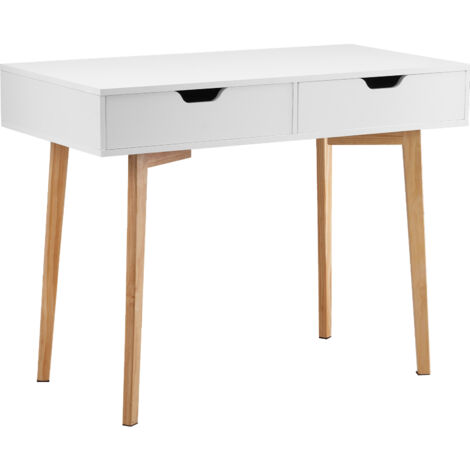 Mophorn Petit bureau avec tiroirs pour chambre, table d'étude en bois simple pour dessiner, lire et écrire, bureau rectangulaire en MDF avec espace de rangement, idéal pour la maison, blanc et bois