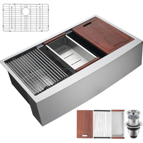 Mophorn  Morphron Évier de cuisine de ferme, Acier inoxydable 304 de conception encastrée, Bassin simple de 33 pouces en haut avec rebord et accessoires, Idéal pour poste de travail (1/5)