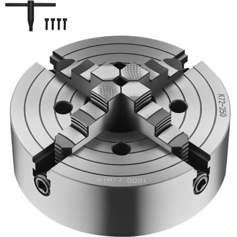 Mophorn Mandrin de Tour à 4 Mâchoires, 250 mm, Auto-centrage avec Mors Réversibles, en Fonte HT300, Plage de Serrage 15-250 mm, avec Clé en T, Serrage Interne et Externe, pour Tours à Bois et Métal
