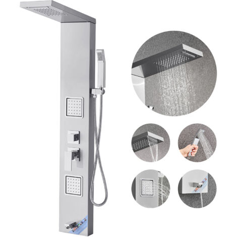Mophorn Colonne de douche murale avec pommeau effet pluie, panneau en acier inoxydable brossé, robinet multifonctionnel, équipée de jets corporels, douchette à main et bec pour baignoire