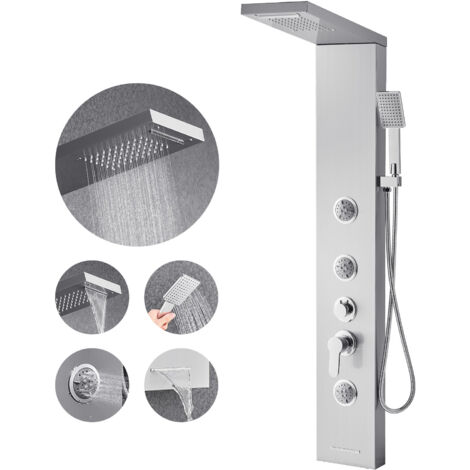 Mophorn Colonne de douche murale en acier inoxydable brossé, équipée d'une douche pluie, 5 fonctions, 3 jets massants, douchette à main et bec pour baignoire