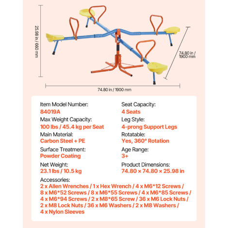 Balançoire à Bascule, Capacité de Charge 45,4 kg par Siège, avec Balançoire à Bascule, Capacité de Charge 45,4 kg par Siège, avec