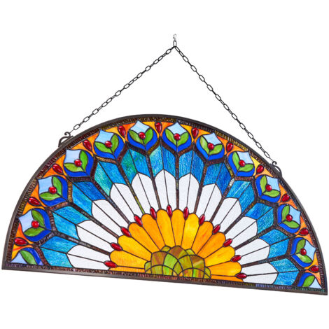 Panneau En Verre Peint Façon Vitrail Décor De Paysage XX Siècle