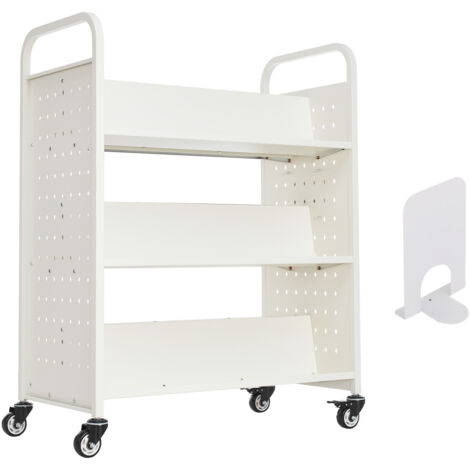 Mophorn Chariot à Livres, Capacité de Charge 150 kg, Chariot de Bibliothèque, 97x51,5x122,5 cm, Étagère de Rangement Double Face en W avec Roulettes Freinées, pour Salon, Bureau, École, Blanc (1/5)