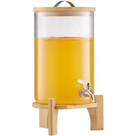 Mophorn Distributeur de boissons en verre 8 L avec support en bois et robinet en acier inoxydable, idéal pour servir des jus, du thé glacé, de la limonade et de l'eau lors d'événements.