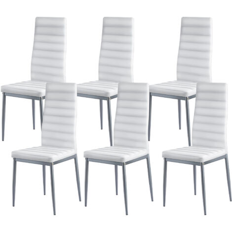 Mophorn Ensemble de 6 chaises modernes pour salle à manger, avec dossier ergonomique, assise rembourrée en cuir synthétique et pieds en métal, design compact idéal pour table à manger, coloris blanc (1/5)