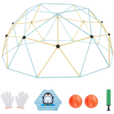 Mophorn Dôme d'escalade géométrique 305 cm, structure à grimper avec filet et 2 ballons de basket, cadre robuste supportant jusqu'à 453 kg, aire de jeux extérieure pour jardin, bleu et jaune