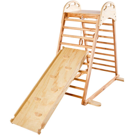 Mophorn Aire de jeux intérieure en bois 4-en-1, comprenant planche d’escalade, toboggan, échelle en bois et anneaux de gymnastique, structure Montessori pour enfants, capacité de charge 100 kg (1/5)