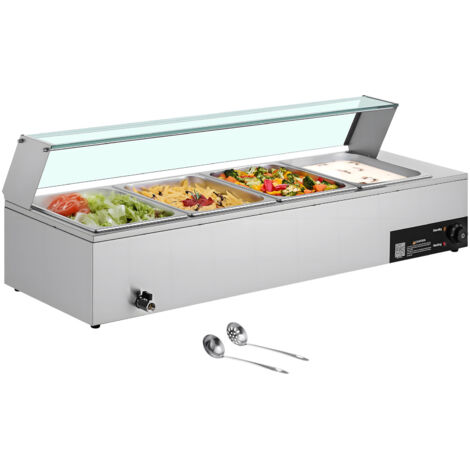 Mophorn Chauffe-Plat Électrique à Vapeur 1500 W, Buffet Chauffant en Acier Inoxydable, Bain-marie avec 4 Bacs 1/2, Couvercle en Verre et Louches Incluses, Idéal pour Buffets et Libre-Service
