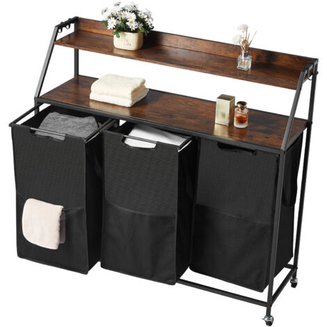Mophorn Trieur de linge à 2 niveaux avec roulettes, doté de 3 compartiments, cadre métallique, plateau en bois, étagère et sacs en tissu Oxford 600D, idéal pour organiser les vêtements dans