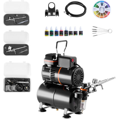 Mophorn Kit aérographe avec compresseur d’air 1/6 HP et réservoir, compresseur professionnel à double action, équipé de 3 pistolets, 3 buses, tuyau, peinture acrylique, 2 ventilateurs, pour ongles