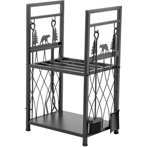 Mophorn Support à bois de chauffage à 2 niveaux, range-bûches d'intérieur, 455 x 330 x 765 mm, avec outils de cheminée inclus : brosse, pelle, tisonnier et pinces, capacité maximale de 181,4 kg (1/5)