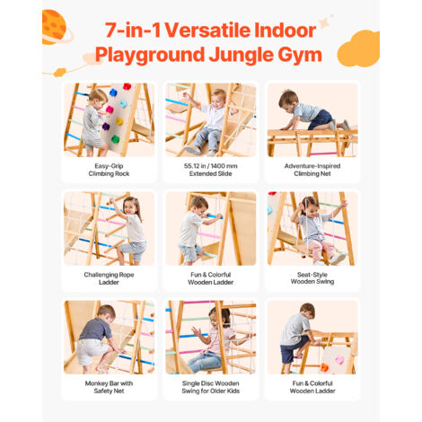 Aire de Jeux Intérieure en Bois 4-en-1, avec Planche d'Escalade, Toboggan, Échelle en Bois et Anneaux de Gymnastique, Structure de Jeux pour Enfants, Style Montessori, Charge 100 kg, pour Crèche