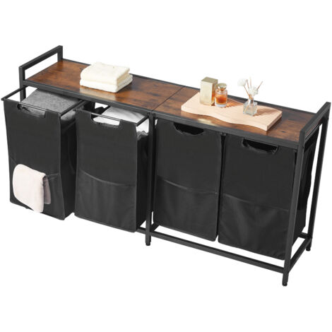 Mophorn Panier à linge à 4 compartiments, organisateur de linge avec sacs amovibles en tissu Oxford 600D, structure métallique et plateau en bois, idéal pour vêtements, chambre ou salle de bain
