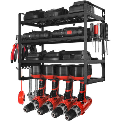 Mophorn Organiseur mural pour outils électriques, rangement à 4 niveaux avec supports pour tournevis et 4 emplacements, étagère pratique pour garage, atelier ou établi, couleur noire