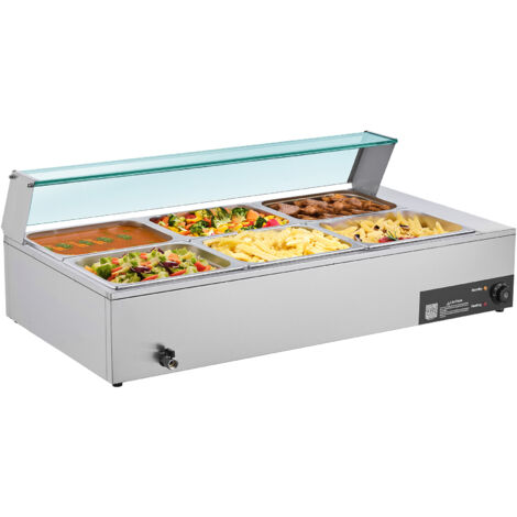 Chauffe-plat électrique Bain-marie 1500 W - 6 Bacs 1/2 GN - Inox, Réglable 30-85°C - Pour Buffet, Restaurant, événements