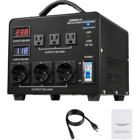 Mophorn Transformateur de tension bidirectionnel 220 V à 110 V et 110 V à 220 V, 5000 VA, avec 3 prises US, 3 prises EU, écran LCD, câble d'alimentation et protection par disjoncteur (1/5)