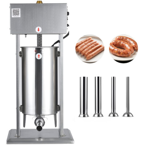 Mophorn Poussoir à saucisses électrique 15 L, machine verticale en acier inoxydable, ensacheuse avec contrôle de vitesse réglable et pédale, équipée de 4 tubes de remplissage, idéale pour la cuisine