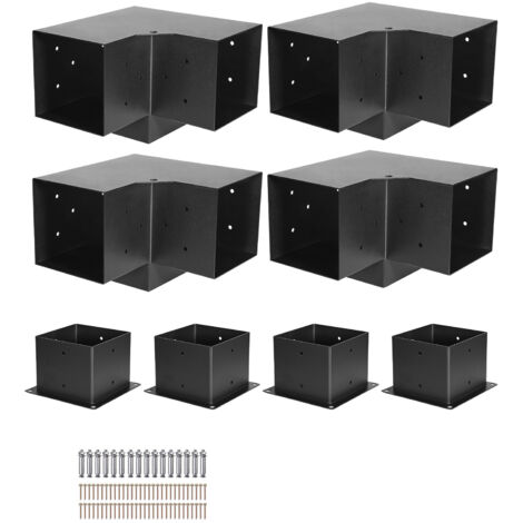 Mophorn Kit de Supports pour Pergola, Ensemble de 8 Pièces, Supports de Poteaux en Bois 142x142 mm, 4 Connecteurs d'Angle à 3 Voies, 4 Bases de Poteaux, Acier au Carbone