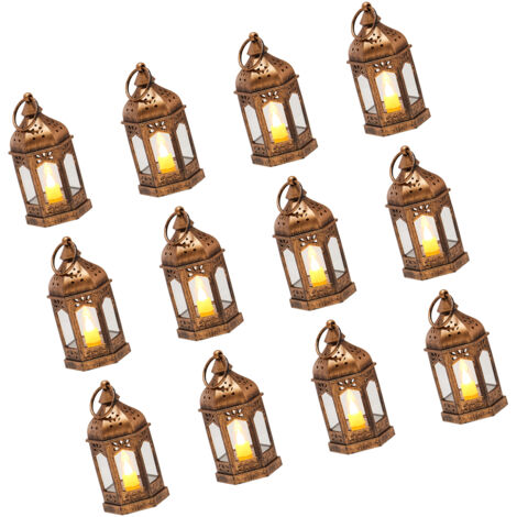 Mophorn Lot de 12 lanternes électriques à bougie, lanternes décoratives LED vintage sans flamme à suspendre, idéales pour Halloween, centres de table et décoration intérieure, finition bronze