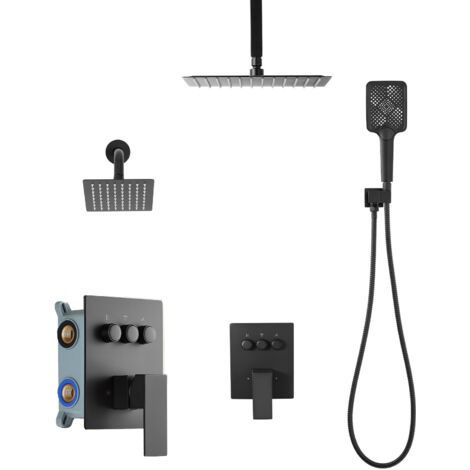 Mophorn Ensemble de robinetterie de douche, système de douche à 3 fonctions avec pommeau effet pluie de 30,5 cm, douche murale et douchette 4-en-1, idéal pour salle de bain, finition noir mat (1/5)