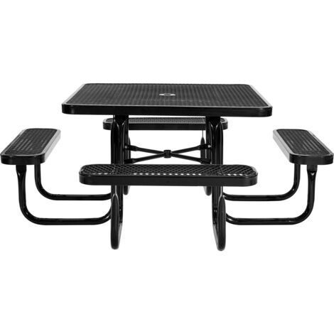 Mophorn Table de pique-nique robuste 1160 mm avec bancs, ensemble carré en acier revêtu pour extérieur, résistant aux intempéries, avec trou pour parasol, idéal pour jardin, terrasse, porche, noir