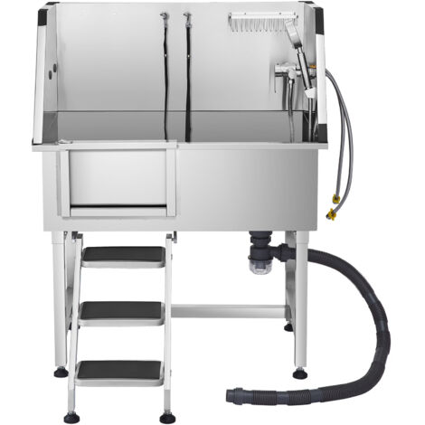Mophorn Baignoire en acier inoxydable pour animaux, station de lavage 96 cm avec escalier à droite, robinet, douchette, porte-savon et porte à gauche