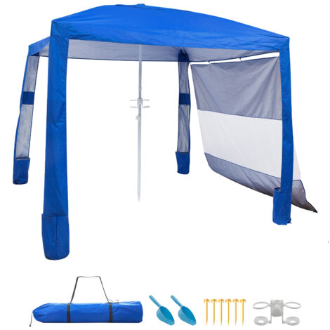 Mophorn Tonnelle de plage 2,4 x 2,4 m, abri extérieur avec parois latérales et poches à sable, tente portable idéale pour le camping, protection solaire UPF 50+, espace ombragé confortable, bleu (1/5)