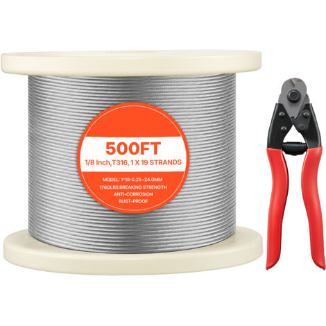 Mophorn Câble en acier inoxydable 3,2 mm x 152,4 m, fil inox 316 tressé pour garde-corps de terrasse, treillis de jardin, avec coupe-câble, résistance à la traction de 798,3 kg, structure 1x19 brins
