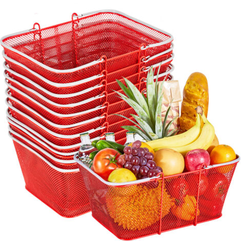 Mophorn Panier de courses en métal empilable,lot de 12,capacité de 22 L avec poignées,conception en maille dense,supporte jusqu'à 20 kg, idéal pour épiceries, commerces, magasins et supermarchés,rouge (1/5)