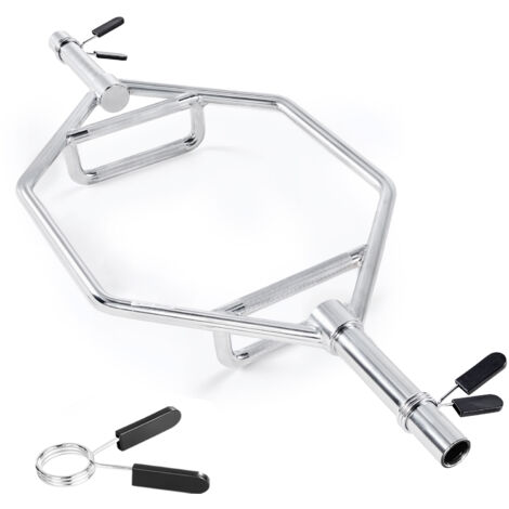 Mophorn Barre hexagonale pour disques de 5 cm, capacité de charge 360 kg, poignées moletées, barre de musculation pour squats, soulevés de terre, haltérophilie et entraînements en salle, argent (1/5)