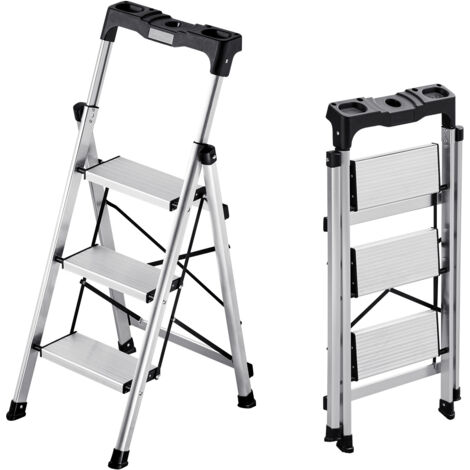 Mophorn Escabeau pliant 3 marches en aluminium, capacité de charge 150kg,idéal pour les tâches domestiques et de bricolage, avec marches larges antidérapantes, plateau porte-outils, finition argentée (1/5)
