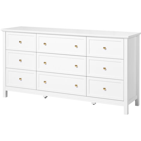 Mophorn Commode à 9 tiroirs, meuble de rangement en bois avec glissières et dispositif anti-basculement, design rétro minimaliste, armoire idéale pour salon, couloir, chambre ou entrée, coloris blanc (1/5)
