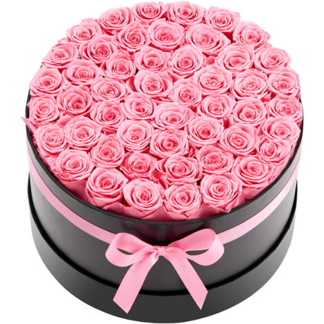 Mophorn Boîte Ronde de 50 Roses Préservées - Bouquet de Fleurs Durables, Cadeau Idéal pour Femme, Épouse, Maman, Grand-mère, Amie - Anniversaire, Saint-Valentin, Noël - Couleur Rose Douce