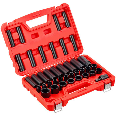 Mophorn Coffret de 39 douilles à chocs avec entraînement de 12,7 mm, comprenant des douilles profondes et courtes à 6 pans, tailles métriques de 9 à 30 mm, acier Cr-V, pour entretien automobile