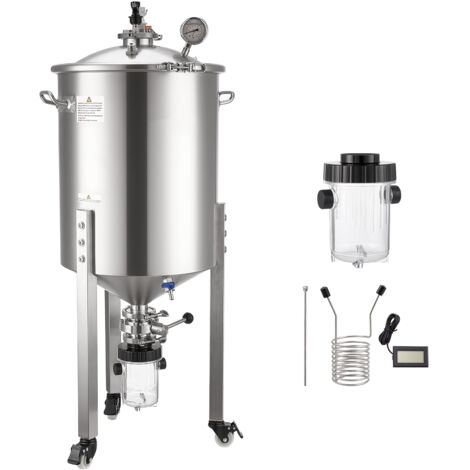 Mophorn Fermenteur conique 60 L en acier inoxydable, équipé d'un fond conique, de 3 roues, d'un couvercle, d'une poignée et d'un thermomètre, idéal pour la fermentation de bière et de vin maison (1/5)
