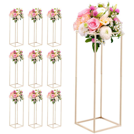 Mophorn Lot de 10 colonnes pour support floral de mariage, 80 cm, présentoir rectangulaire pour centres de table, fêtes, anniversaires et décoration intérieure, avec vis dissimulées, finition dorée (1/5)