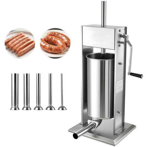 Mophorn Poussoir à saucisses manuel 15 L, machine verticale en acier inoxydable pour fabrication de saucisses,  boucheries et usage domestique, avec deux vitesses et 5 tubes de remplissage