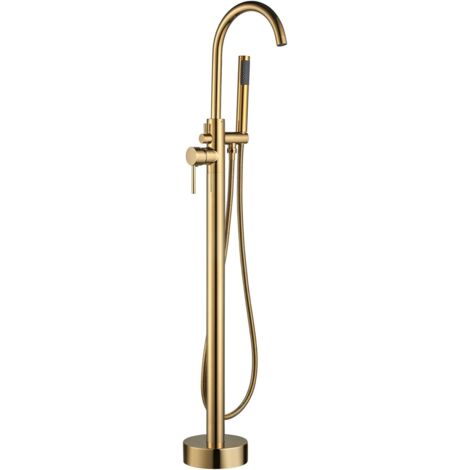 Mitigeur Baignoire robinet baignoire ilot Robinet de Baignoire avec Douchette pour Salle de Bain丨Laiton Baignoire Robinet Mitigeur au Sol - Or
