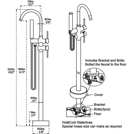Mitigeur Baignoire robinet baignoire ilot Robinet de Baignoire avec Douchette pour Salle de Bain丨Laiton Baignoire Robinet Mitigeur au Sol - Or