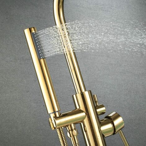 Mitigeur Baignoire robinet baignoire ilot Robinet de Baignoire avec Douchette pour Salle de Bain丨Laiton Baignoire Robinet Mitigeur au Sol - Or
