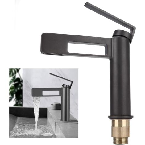 Robinet de lave-mains noir – Mitigeur haut monotrou en laiton – Finition brossée – Aérateur pour flux doux sans éclaboussures