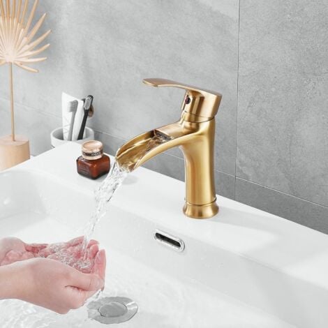 Robinet de Lavabo, Robinetterie Mitigeur Cascade pour Salle de Bains, Chaude et Froide Réglable de Mitigeur Lavabo - Or Brossé