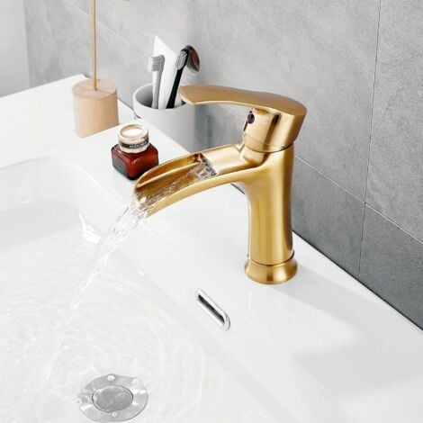 Robinet de Lavabo, Robinetterie Mitigeur Cascade pour Salle de Bains, Chaude et Froide Réglable de Mitigeur Lavabo - Or Brossé