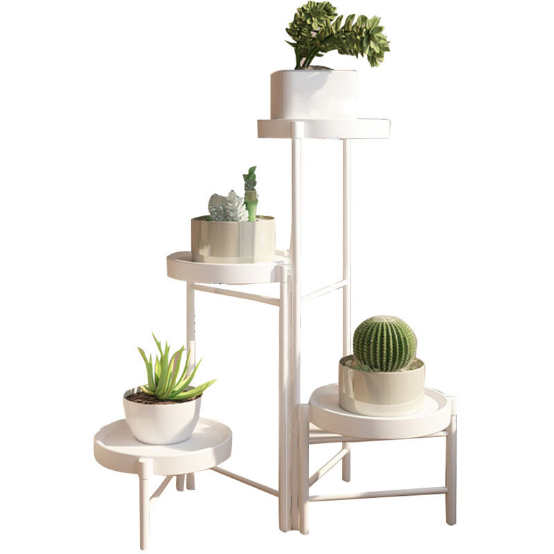Support De Plantes 4 Niveaux En Métal Blanc – 34x34x67 Cm – Étagère Effet Chêne – Pour Salon, Bureau, Décoration Intérieure