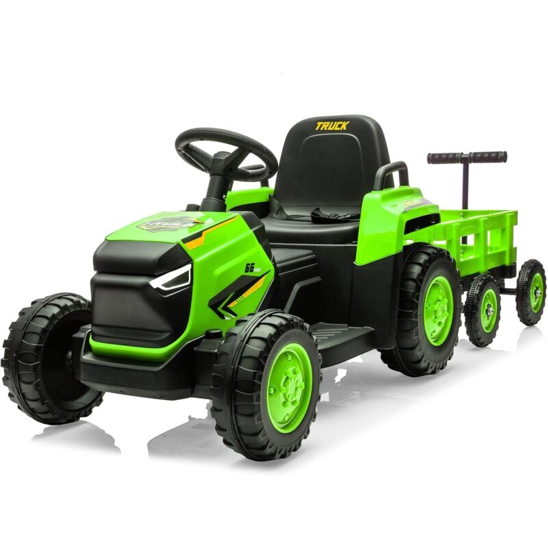 12V Tracteur Électrique Enfants - Pelle & Remorque Amovible, 6 Pneus & LED & Klaxon, Télécommande 2,4G,jaune - Jeux - Jouets